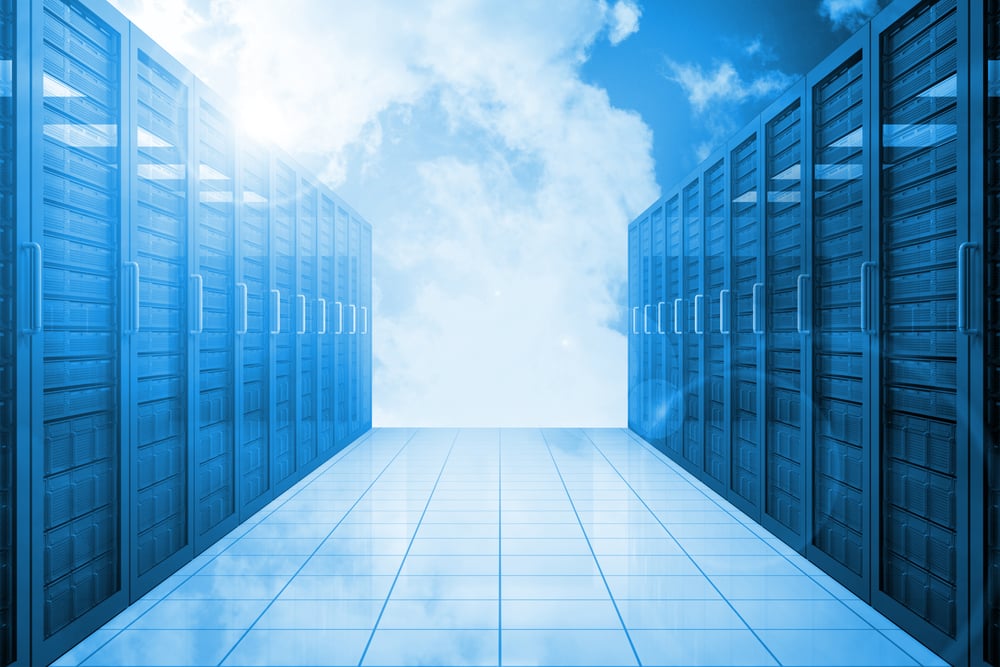 Database hosting servers hallway in the blue sky